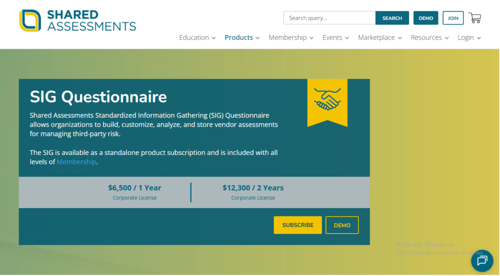 SIG Questionnaire screenshot
