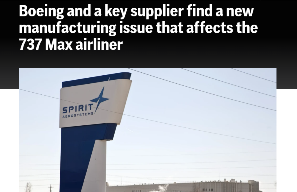 screenshot of a news article on how Boeing faced major production delays due to a supplier