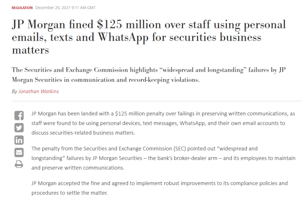 screenshot of a news article on how JP Morgan Securities was fined by the SEC for failing to preserve required business communications
