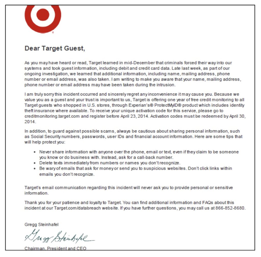 target letter sent to notify customers of a security breach