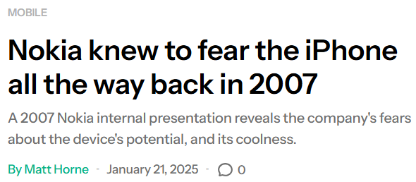 screenshot of a news article on how nokia didn't follow the market shift when iphone came out