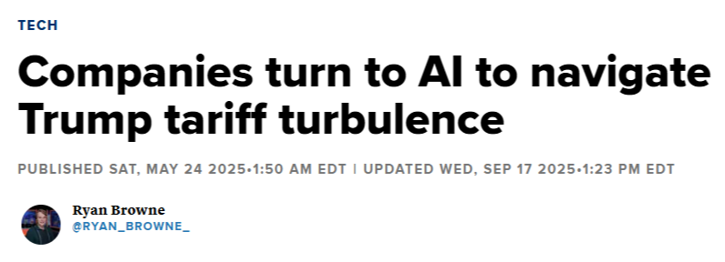 screenshot of a news article headline on how companies are using ai to navigate tariff issues