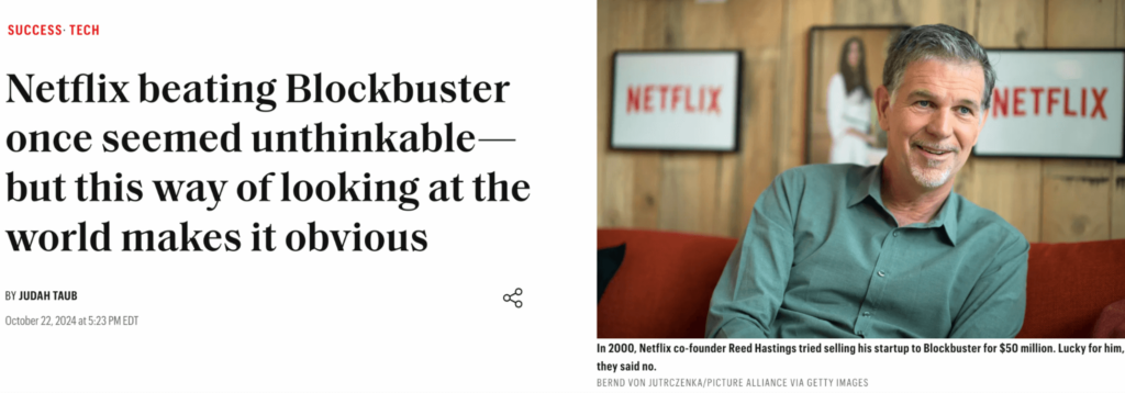 screenshot of a news article headline on how netflix beat blockbuster