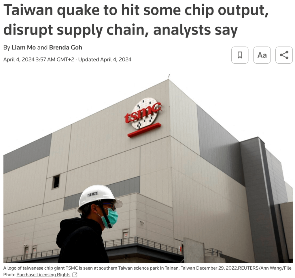 screenshot of a news article headline about a taiwan earthquake
