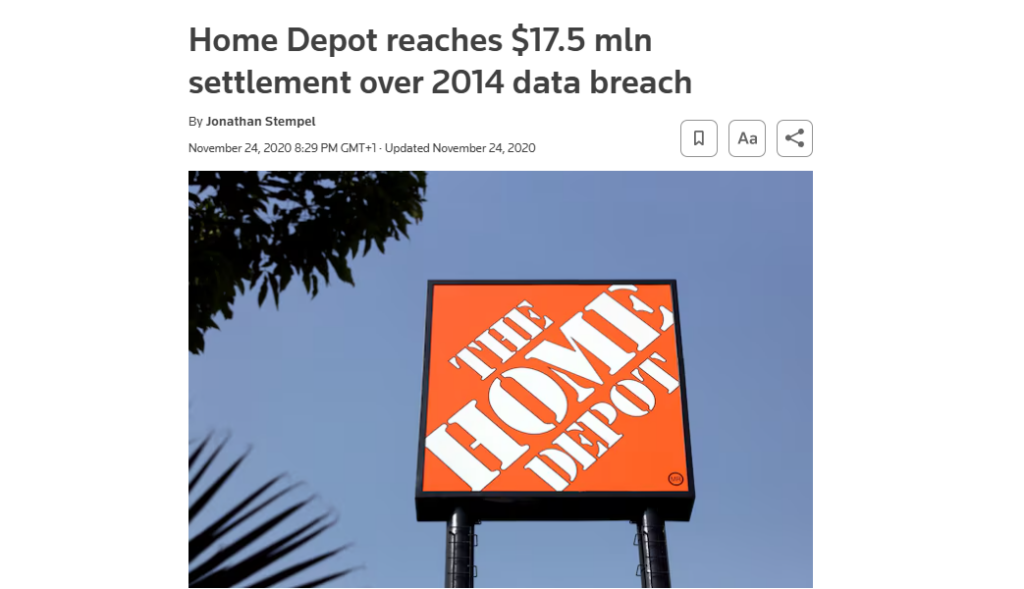 screenshot of a news article on the home depot settlement