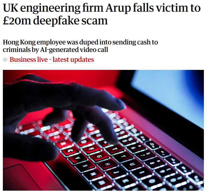 screenshot of a news article on a case in which scammers used an AI-generated deepfake video and voice to impersonate senior executives