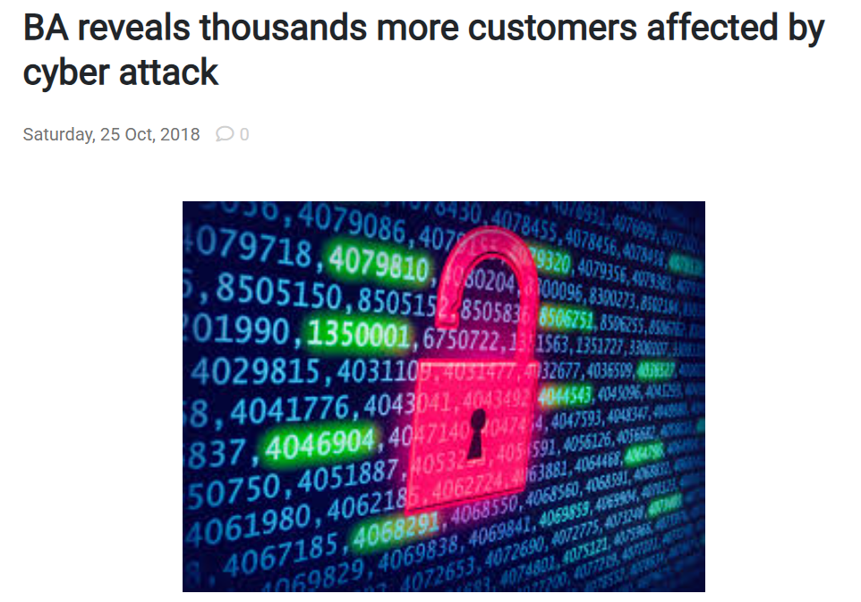 screenshot of a news article about a british airways cyber attack