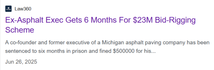screenshot of a news article on how an executive participated in a bid rigging scheme