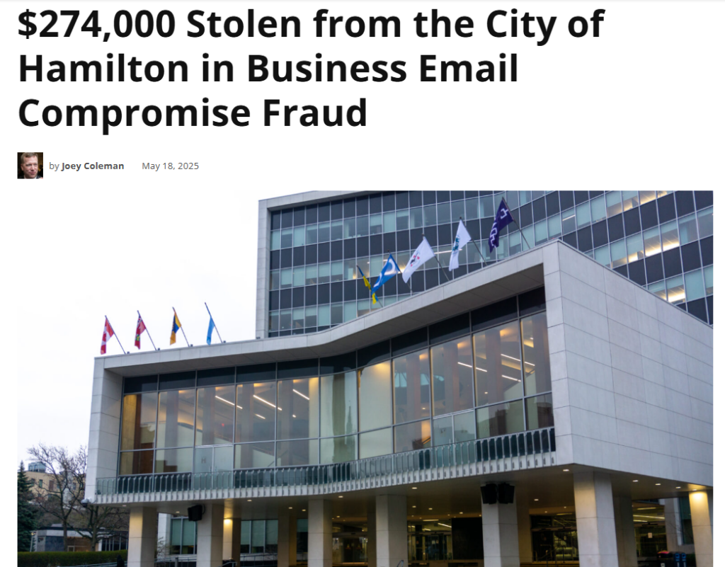 screenshot of a news article on how the city of hamilton was a victim to business email compromise fraud
