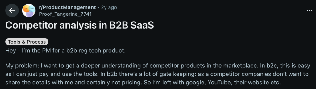 screenshot of a reddit post about b2b saas competitive analysis