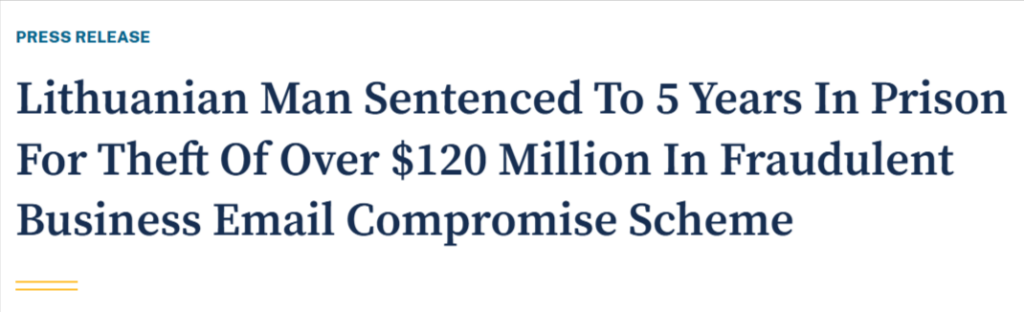 screenshot of a news article on how the total losses were confirmed at $120 million, and Rimasauskas was sentenced to five years in prison