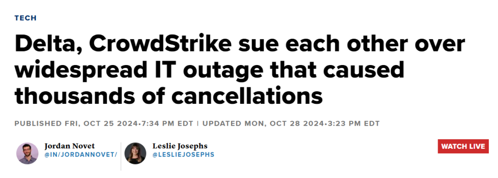 screenshot of a news article on Delta Air Lines fallout, which resulted from the CrowdStrike software issue