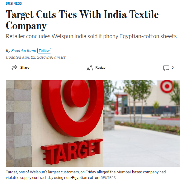 screenshot of a news article on how Target cut ties with Welspun, a leading home textile supplier