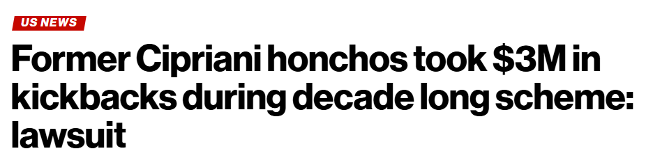 screenshot of a news article about how the hospitality group Cipriani filed a lawsuit alleging a decade-long fraudulent invoice scheme