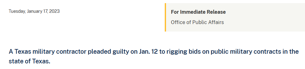 screenshot of an article about how contractors in Texas submitted sham quotes to ensure a predetermined winner