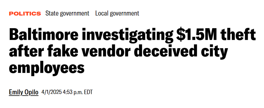 screenshot of a news article of how city of baltimore experienced vendor fraud