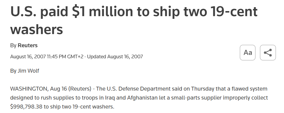 screenshot of a news article on how U.S. paid $1 million to ship two 19-cent washers