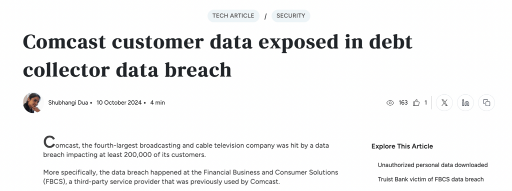 Comcast customer data exposed through third party breach article screenshot
