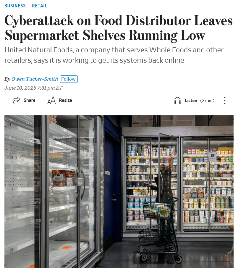 screenshot of a news article about  a cyberattack on United Natural Foods