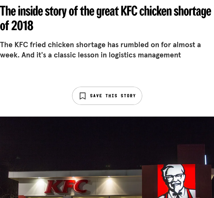 screenshot of a news article on the 2018 KFC chicken shortage in the UK