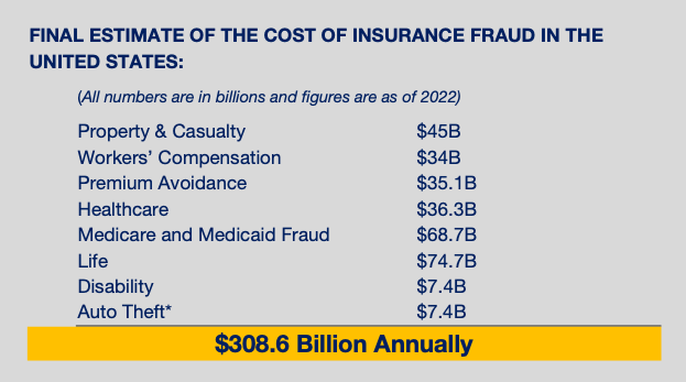 screenshot showing that the total cost of insurance fraud in the United States alone added up to 308.6 billion USD in 2022