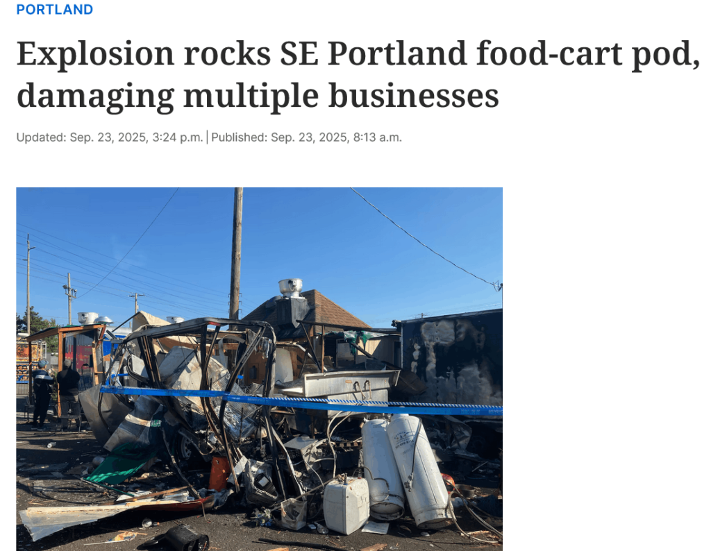 Explosion rocks SE Portland food-cart pod, damaging multiple businesses news article headline
