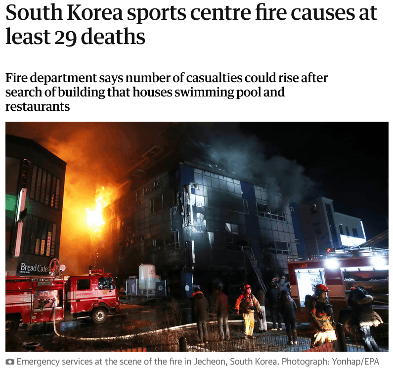 South Korea sports centre fire causes at least 29 deaths news article headline