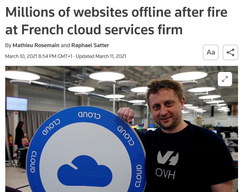 screenshot of a news article about the 2021 OVHcloud Strasbourg data center fire