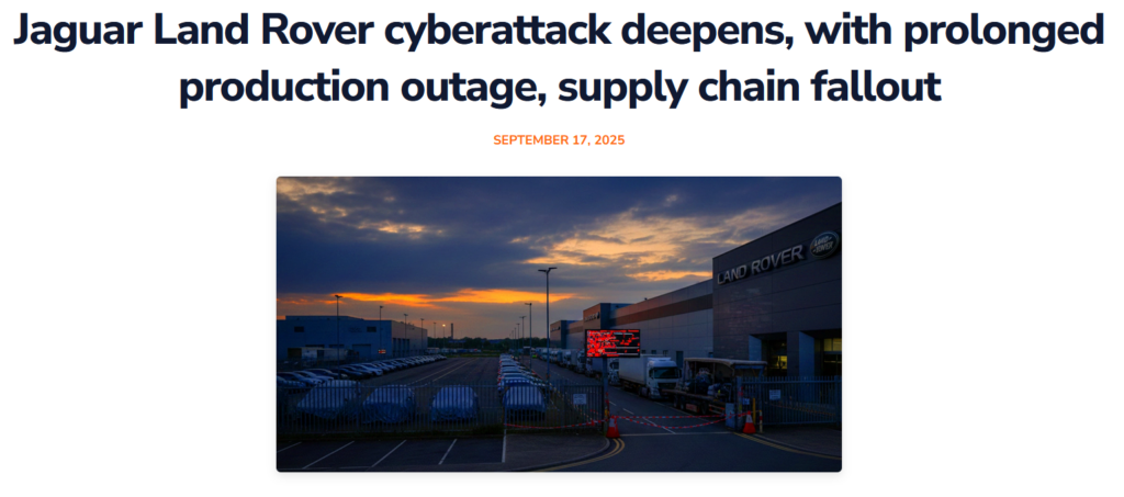 screenshot of a news article on a cyberattack on jaguar land rover