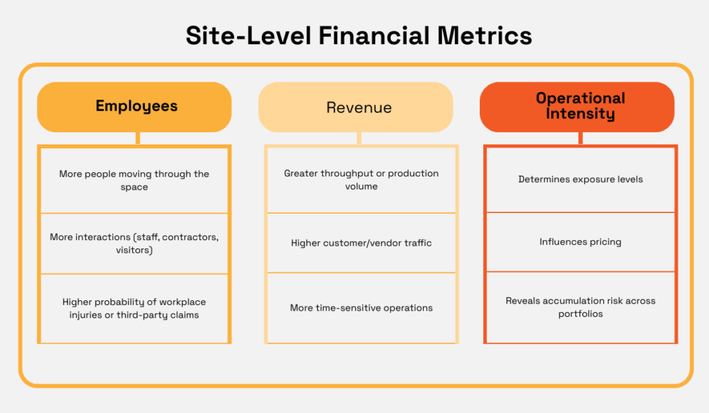 Site-Level Financial Metrics including employees, revenue, and operational intensity diagram