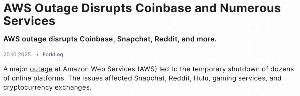 AWS outage affecting Coinbase and online services news screenshot