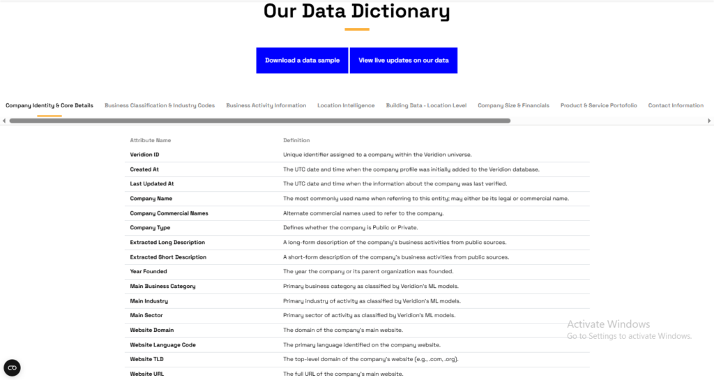 veridion data dictionary screenshot