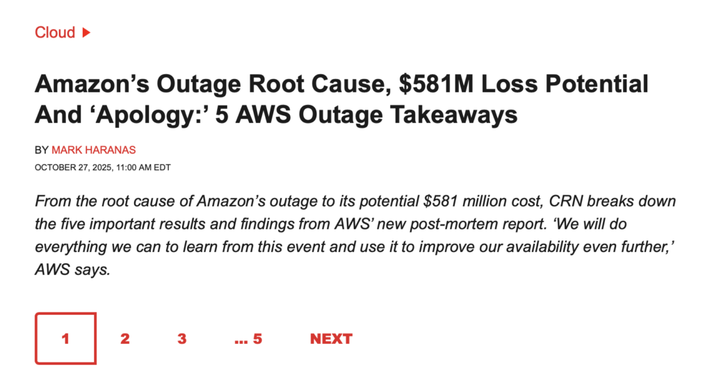 Amazon AWS outage potential financial impact news screenshot