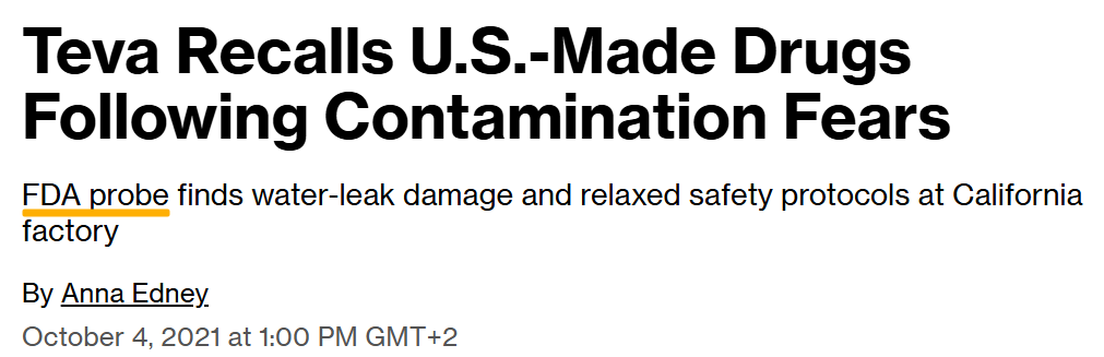 Teva drug recall contamination concerns news headline screenshot