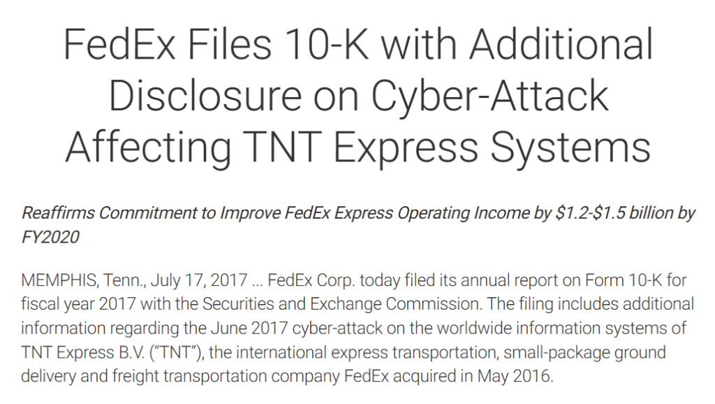 screenshot of a news article showing how fedex handled a cyberattack