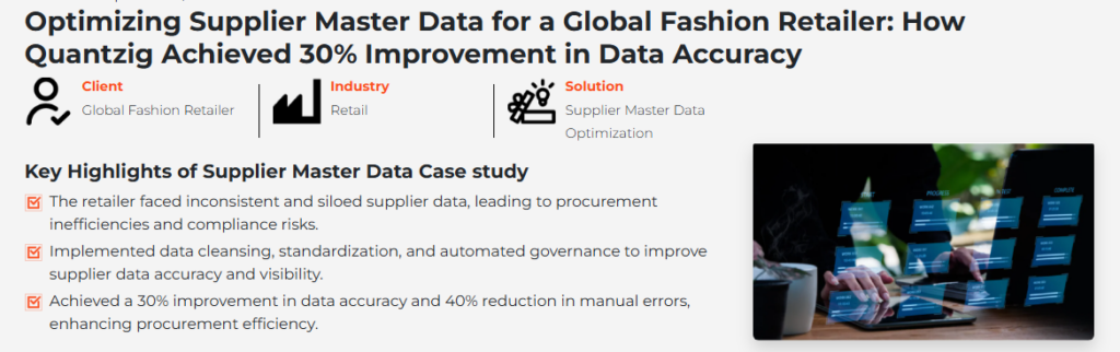 Case study slide showing supplier master data optimization results with 30% improvement in data accuracy
