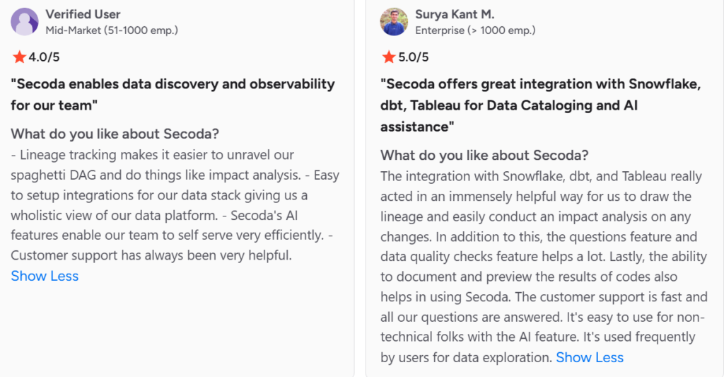 screenshot of secoda reviews