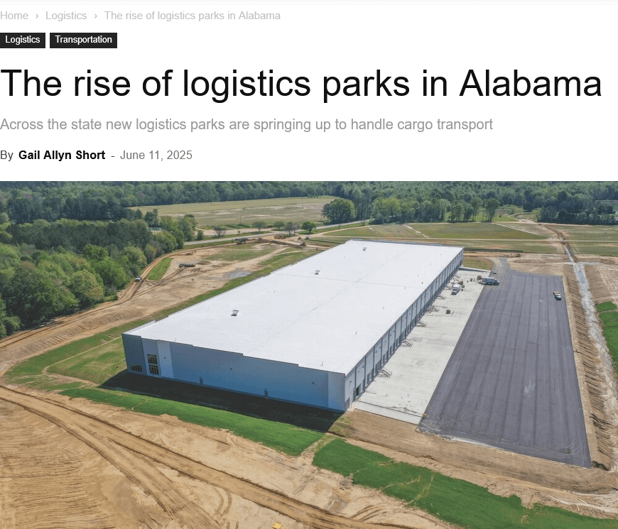 screenshot of an article on logistics parks in alabama