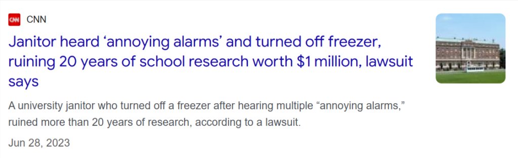 Laboratory freezer shutdown research loss news screenshot