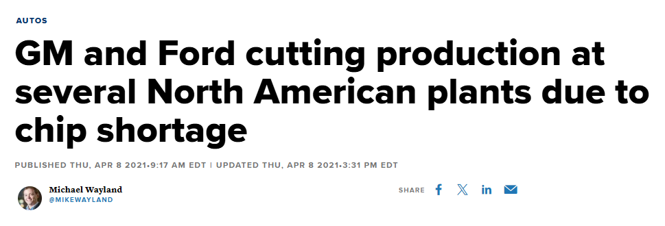 GM and Ford cutting production at several North American plants due to chip shortage news article headline