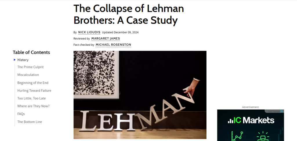 Case study article page about the collapse of Lehman Brothers