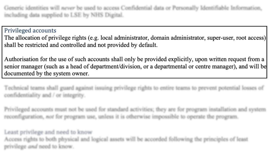 Policy excerpt defining restrictions and approval process for privileged accounts