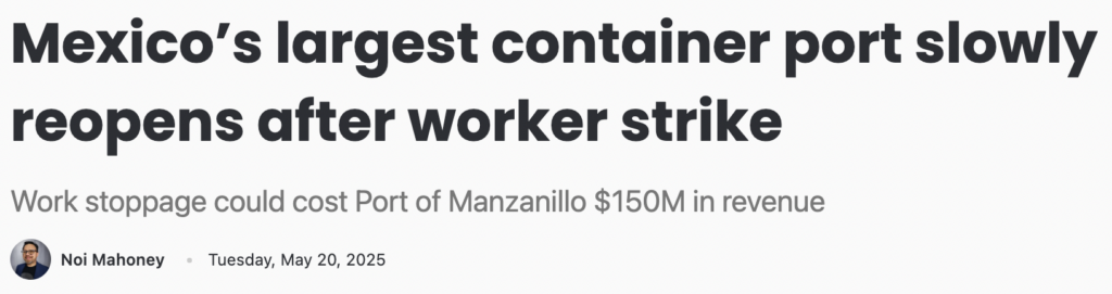 screenshot of a news article on a four-day strike by customs workers at Mexico’s port