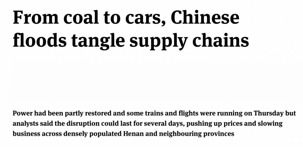 screenshot of a news article on floods that hit China’s Henan Province and impacted supply chains