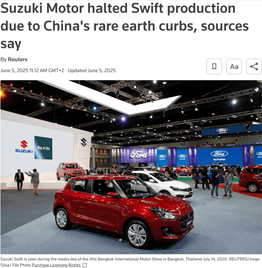 Suzuki Motor halted Swift production due to China's rare earth curbs, sources say news article