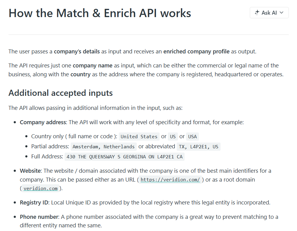 veridion match & enrich api explainer
