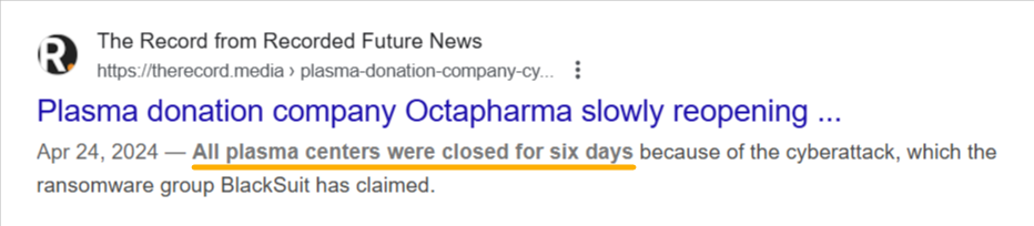 Octapharma plasma donation centers cyberattack closure news screenshot