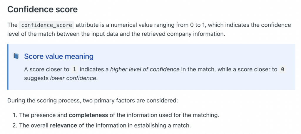 Explanation of confidence score ranging from 0 to 1 based on match completeness and relevance