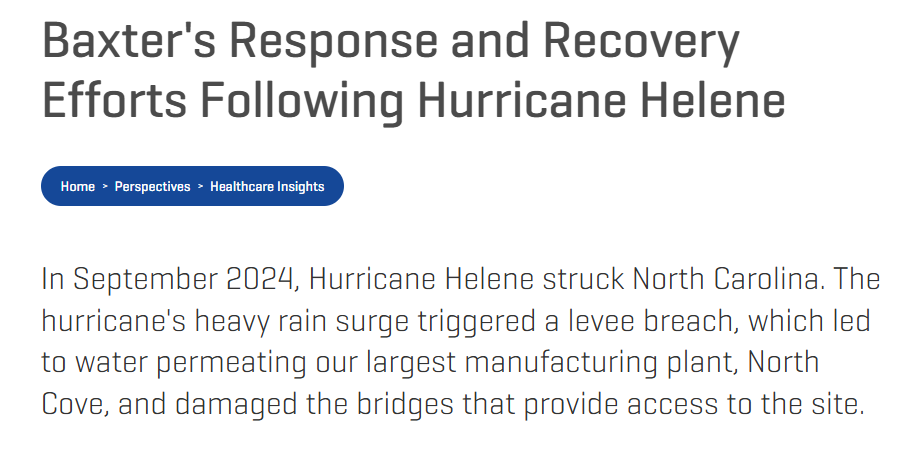 Baxter response update following Hurricane Helene impact in North Carolina