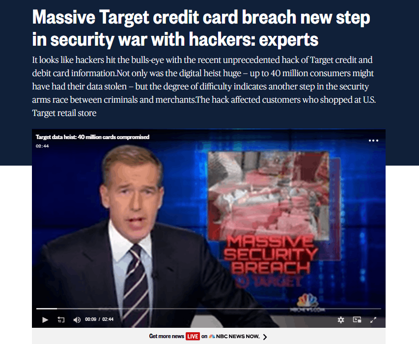 News report about Target credit card data breach and security incident